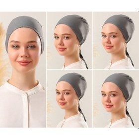 Resim Melodi Scarf Kadın Tesettür Dikişsiz Set Bone Koyu Gri 5 Adet Bağlamalı Penye Bone Koyu Gri 