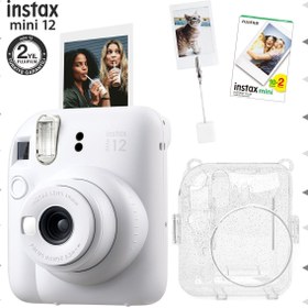 Resim Fujifilm Instax mini 12 Beyaz Fotoğraf Makinesi-20'li Film-Kıskaçlı Resim Standı ve Simli Pleksi Kılıf Seti 