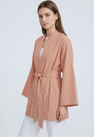 Resim Saade Kiremit Kadın Dikey Çizgili Geniş Kollu Şık Yazlık Relaxed Kimono 