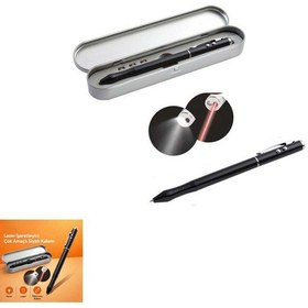 Resim Metal Kutulu Kırmızı Lazerli, Beyaz Led Işıklı Pointer İşaretçi Kalemi Metal Tükenmez Kalem Siyah 
