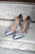 Resim LA CALZATURE Platin Saten 9cm Yan Şeffaf Yıldız Taşlı Topuklu Stiletto Kadın Ayakkabı 