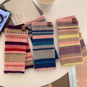 Resim 1 Çift Kadın Yarım Parmak Eldiven - Renk Bloklu Çizgili Tasarım, Dış Aktiviteler için Elastik Sıcak Kışlık Eldivenler Parmağa Görünürlük ile, Soğuk Hava Moda Aksesuarları, Yumuşak Dokulu Soğuk Hava Eldivenleri 