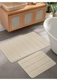 Resim Doğal Kaymaz Taban Banyo Paspas Set Yumuşak Dokulu Su Emici Yıkanabilir Yeni Çizgili Set 50x80-50x40 Krem 