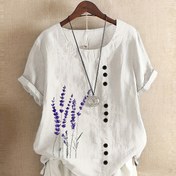 Resim Büyük Beden - Büyük Beden Kadınlar için Çiçek Desenli Bluz - Rahat Bol Kesim Kısa Kollu Yuvarlak Yaka Yan Delikli, Hafif Polyester Karışımı, Zarif İlkbahar/Yaz Üstü, Rahat Kıyafet için Çiçek Desenli Bluz 