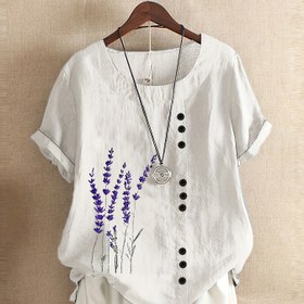 Resim Büyük Beden - Büyük Beden Kadınlar için Çiçek Desenli Bluz - Rahat Bol Kesim Kısa Kollu Yuvarlak Yaka Yan Delikli, Hafif Polyester Karışımı, Zarif İlkbahar/Yaz Üstü, Rahat Kıyafet için Çiçek Desenli Bluz 