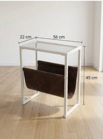 Resim Gazetelikli Camlı Metal Yan Sehpa - C Tipi Koltuk Kenarı Laptop Ve Servis Sehpası - 56x45 Cm Beyaz 
