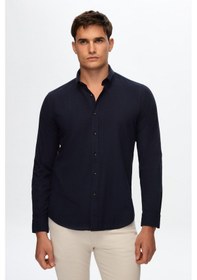 Resim Ds Damat Slim Fit Lacivert Düğmeli Yaka %100 Pamuk Yazlık Flamlı Keten Görünümlü Gömlek 6HC02ORT63265 Lacivert 
