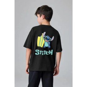Resim Little Aden Erkek Çocuk Stitch Sırt Baskılı %100 Pamuk Oversize Yazlık Tişört 