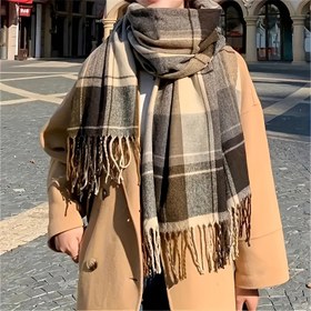 Resim Kadınların Retro Ekose Örme Yün Şalı, Sonbahar Kış İçin Şık ve Sıcak Kore Stili Yün Şal, Lüks ve Rahat 