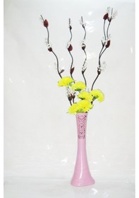 Resim 60 Cm Pembe Desenli Uzun Vazo 5 Adet Beyaz Üzüm 6 Sarı Ortanca 