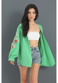 Resim Kimono Reglan Kol Nakışlı Keten - Yeşil Çok Renkli 