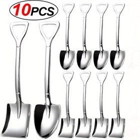 Resim 10 Parça Paslanmaz Çelik Tatlı Kaşığı Seti - Elegant Kürek Şekli Çay Kaşığı, Kahve, Dondurma, Meyve, Mutfak Sofrası Çatal Bıçak Takımı 