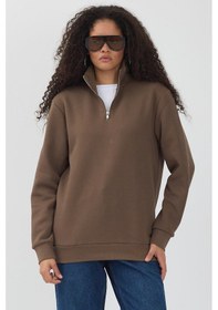 Resim Polostate Unisex Regular Fit Rahat Kesim Pamuklu Içi Polarlı Yarım Fermuarlı Kahverengi Dik Yaka Sweatshirt Kahverengi 