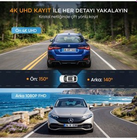 Resim Kawa D9 2 Kameralı Ön+arka 4k+1080p Hdr Wi-fi Gps'li Gece Görüşlü Araç Kamerası + 64gb Hafıza Kartı 