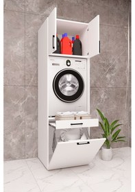 Resim Mdf Çamaşır Makinesi Dolabı Sepetli Beyaz 