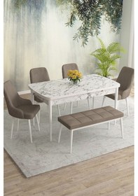 Resim Meri Serisi 80x132 Açılabilir Mdf Beyaz Mermer Desen Masa Takımı 4 Lacivert Sandalye 1 Bench Cappucino 