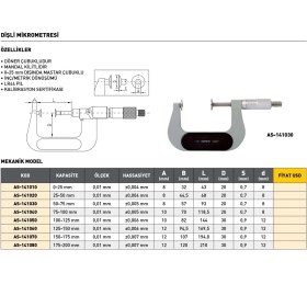 Resim Fett 175-200 mm Asimeto Mekanik Dişli Mikrometresi AS-141080 