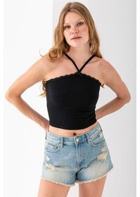 Resim Giysa Kadın Çapraz Askılı Dantel Detaylı Crop Body Siyah - Ms0000309 Siyah 