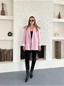 Resim Femistik Kadın Cep Detaylı Düğmesiz Premium Pembe Blazer Ceket 