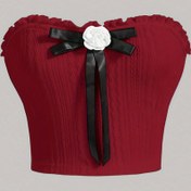 Resim Şık Kırmızı Omuzları Açık Kaburga Tüp Üst ve Zarif Fiyonk Detayı - Seksi, Esnek Polyester Karışımı, Makinede Yıkanabilir - İlkbahar/Yaz/Sonbahar Günlük Giyim İçin İdeal 