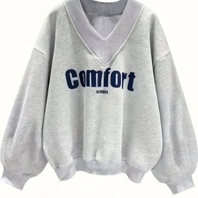 Resim Kadın "Paris'te Konfor" Baskılı Rahat V Yaka Sweatshirt - Günlük Uzun Kollu Kazak, Sonbahar/Kış Temalı, Yumuşak & Konforlu, Günlük Giyim|V Yaka Kazak 