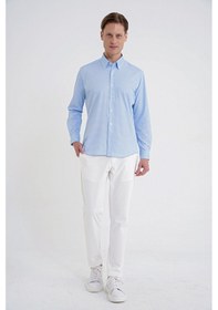 Resim Slim Fit Yaka Düğmeli Baskılı Pamuklu Mavi Gömlek G 1605 