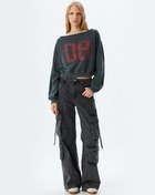Resim Crop Oversize Kolej Baskılı Kayık Yaka Sweatshirt 