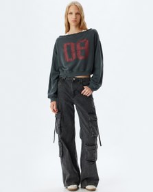 Resim Crop Oversize Kolej Baskılı Kayık Yaka Sweatshirt 