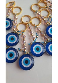 Resim Hediyelik Nazar Boncuklu Kristal Pembe Boncuk Detaylı Anahtarlık - Çanta Süsü - Çanta Charmı 11,5 Cm 