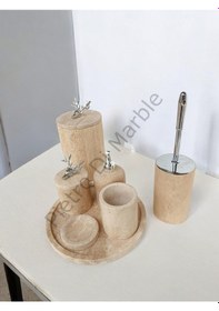 Resim Sarı Traverten Klasik Model 7 Parça Gümüş Renk Geyik Aksesuarlı Banyo Seti Sarı Traverten 