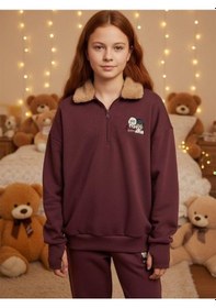 Resim Kız Çocuk Yakası Tüylü Fermuarlı Parmak Geçirme Detaylı Tasarım Sweatshirt-16489 MÜRDÜM 