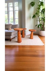 Resim Ahşap Mantar Sehpa 3 Lü Fındık Renk Doğal Zigon Fiskos Kahverengi 