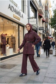 Resim adamila Kadın Kemerli Gömlek Yaka Tunik Pantolon Modern İkili Tesettür Takım Günlük Şık Kombin Yeni Sezon 