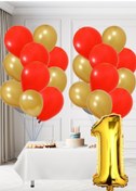 Resim 1 Yaş Sarı Kırmızı Taraftar Temalı Doğum Günü Seti Altın Kırmızı Balonlar Altın Folyo Rakam Altın 