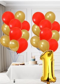 Resim 1 Yaş Sarı Kırmızı Taraftar Temalı Doğum Günü Seti Altın Kırmızı Balonlar Altın Folyo Rakam Altın 