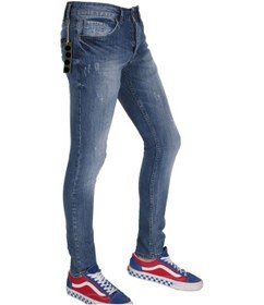 Resim Erkek İğne Kırığı Lazer İşlemeli Kot Pantalon Mavi 
