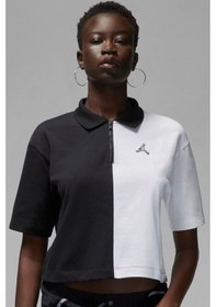 Resim Nike Jordan Flight Loose Fit 1/4 Zip T-shirt Kadın 1/4 Fermuar Gömlek Yakalı Bol Kalıp Kısa Tişört Siyah Beyaz Siyah - Beyaz 