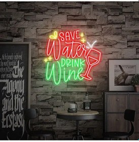 Resim Save Water Drınk Wine Yazılı Ve Şekilli Neon Tabela Kırmızı 