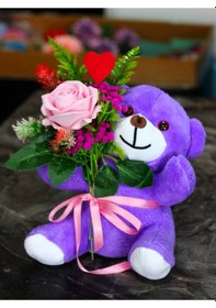 Resim Kucağında Pembe Gül Buketi Tutan 25cm Sevimli Peluş Ayıcık Sevdiklerinize Hediye Mor Pembe 