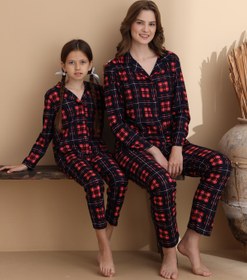 Resim ELİTOL Ekose Desen Süet Örme Uzun Kol Anne-Kız Düğmeli Pijama Takımı 
