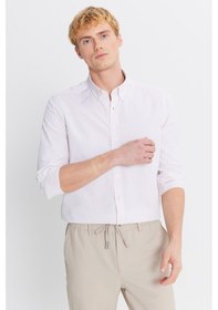 Resim Erkek Bej %100 Pamuk Oxford Slim Fit Dar Kesim Düğmeli Yaka Çizgili Gömlek Bej 