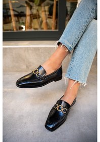 Resim Biens Siyah Deri Kadın Düz Taban Gold Detaylı Ayakkabı Siyah 