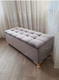 Resim Çizgi Kapitoneli Sandıklı Puf 90 Cm Gold Ayak Gri 