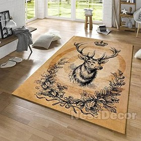 Resim Kahverengi Zeminde Geyik Kafası Noel Dekorasyonları İçin Süslemeleri Yeni Yıl Halısı Dijital Baskı Yeni Yıl, Yılbaşı Dekoru (180 x 230 cm) 