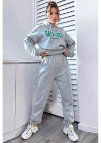 Resim Unisex Happiness Baskılı Eşofman Takımı Gri 