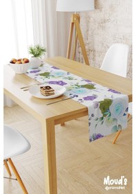 Resim Lila Mavi Gül Desenli Baskılı Süet Runner Masa Örtüsü 