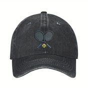 Resim Tenis Raketi ve Top Tasarımlı Ayarlanabilir Hafif Pamuklu Beyzbol Şapkası - Kavisli Kenarlı Unisex Outdoor Spor & Günlük Kullanım, Nefes Alabilen Kumaş Tenis Şapka 