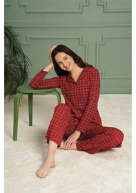 Resim Over Sleep By Poleren Over Sleep Kadın Pijama Takımı Pamuklu Uzun Kol Boydan Düğmeli Kırmızı 