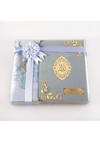 Resim Seccade + Tesbih + Kuran Hediye Seti Hafız Boy, Kadife, Açık Mavi, Lafzatullah 