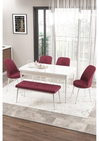 Resim Canisa Concept Zen Serisi 80x132 Mdf Açılabilir Beyaz Masa Takımı 4 Bordo Sandalye Ve 1 Bench Masa Beyaz Sandalye Ve Bench Bordo 